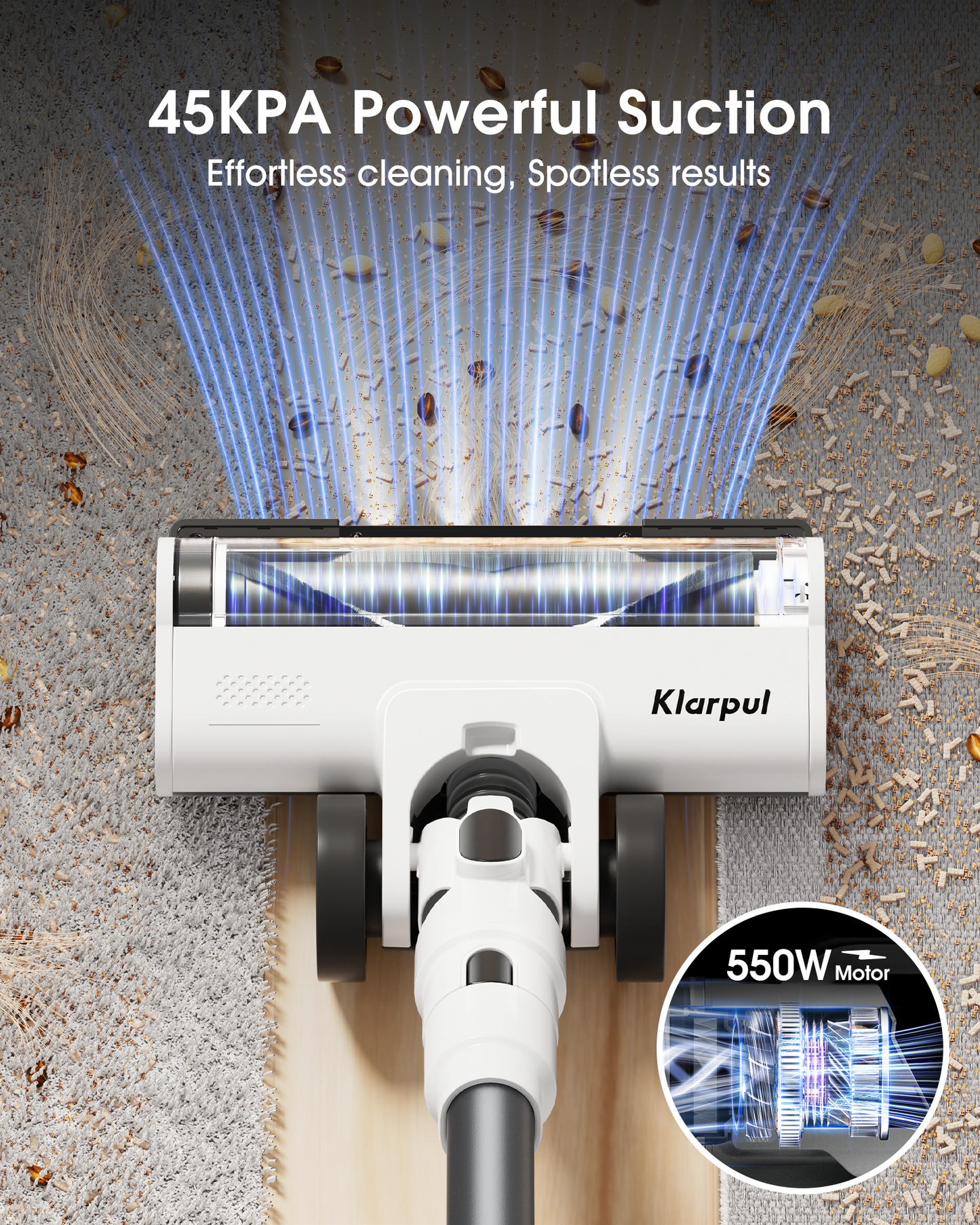 45KPA Self-Standing Cordless Vacuum Cleaner 550W 2.5H Fast Charging 60 Mins Runtime - Klarpul