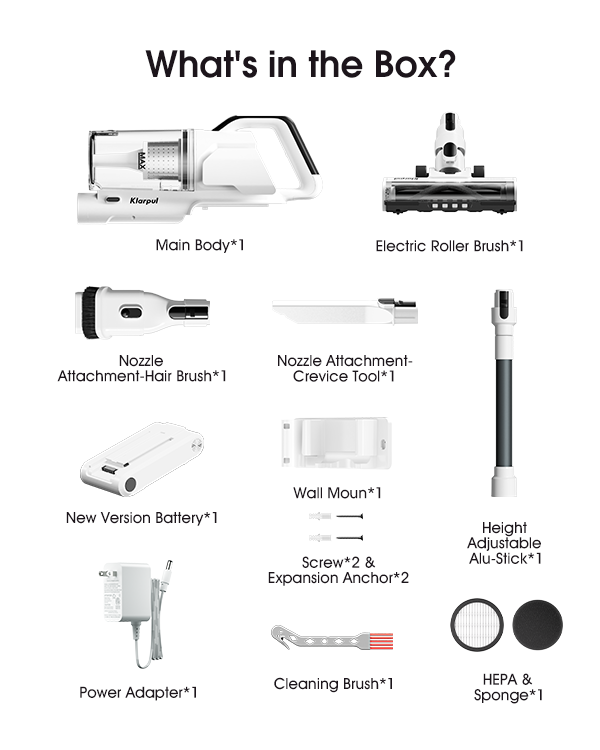 What’s included with the Klarpul Cordless Vacuum Cleaner?
