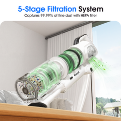 Klarpul Cordless Vacuum Cleaner, 2 Batteries 140 Mins Runtime 600W 50Kpa Stick Vacuum Cordless, Self-Standing Vacuum Cleaners for Home with 2.5H Fast Charging, for Floor/Carpet/Pet Hair, White