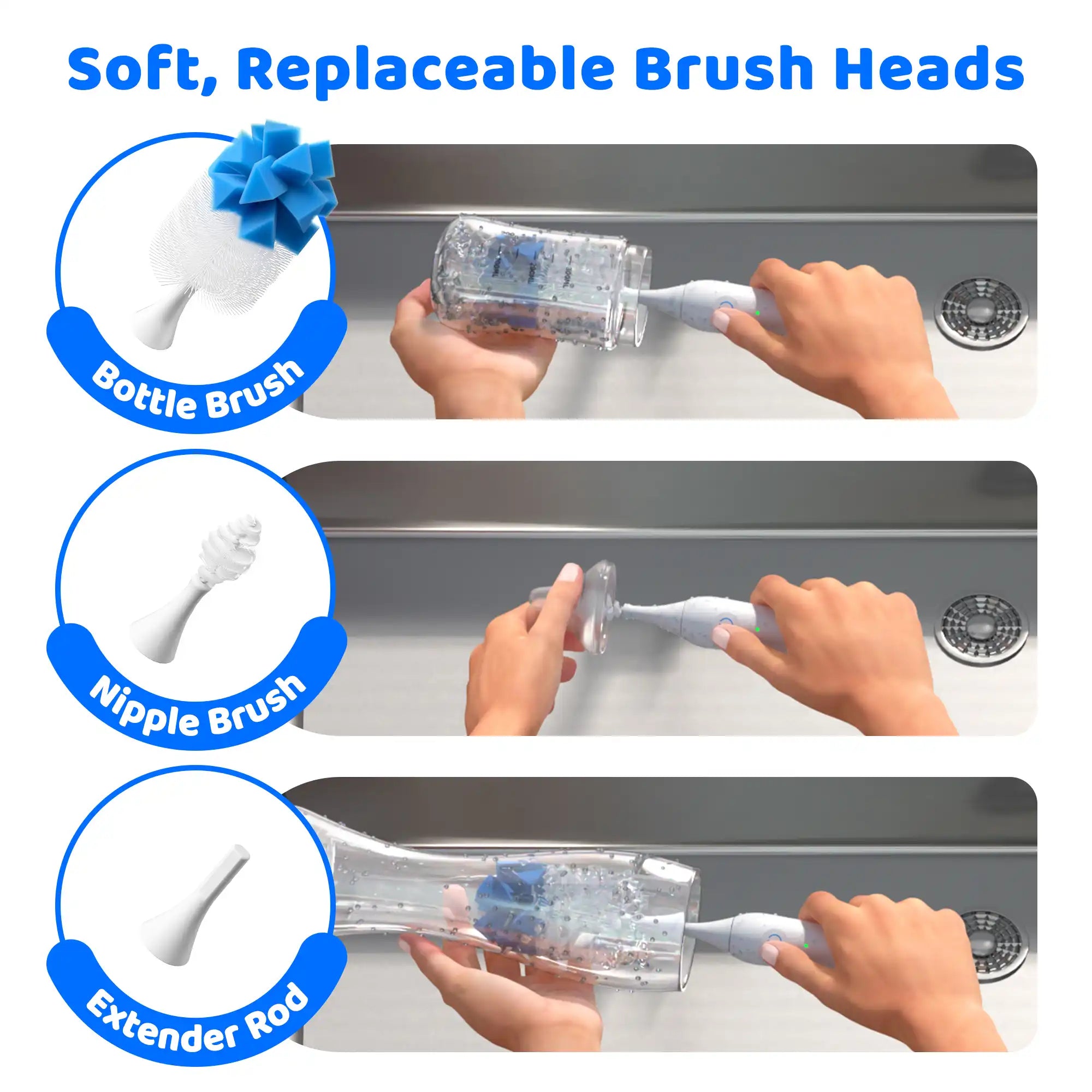 Klarpul Electric Bottle Brush Soft, Replaceable Brush Heads